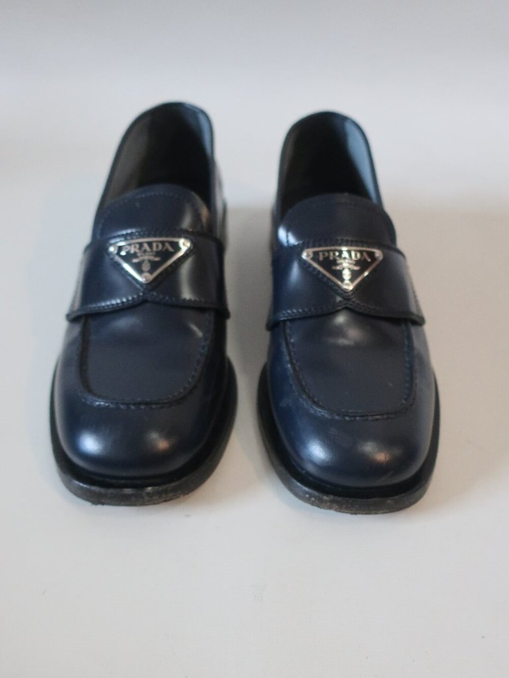 Authentic Womens Prada Dark Navy Blue Brushed Leather Logo Loafers 35.5 US/5.5 - Picture 3 of 16
